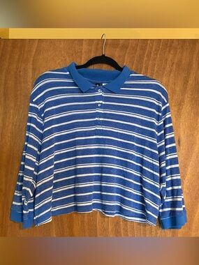 Striped Blue & White Cropped Polo Top